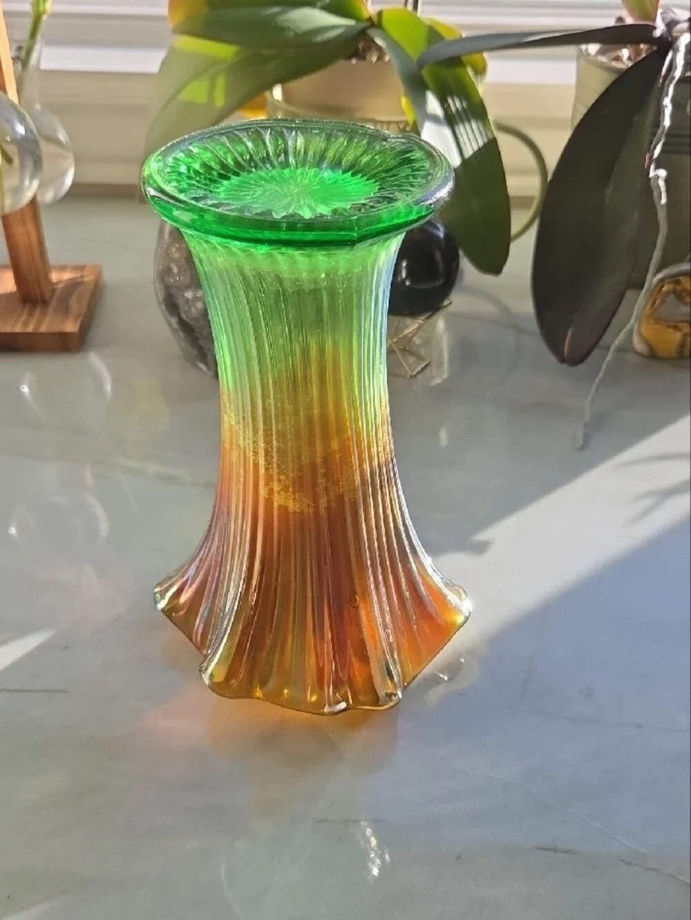 Northwood Green and Orange Glass Vase